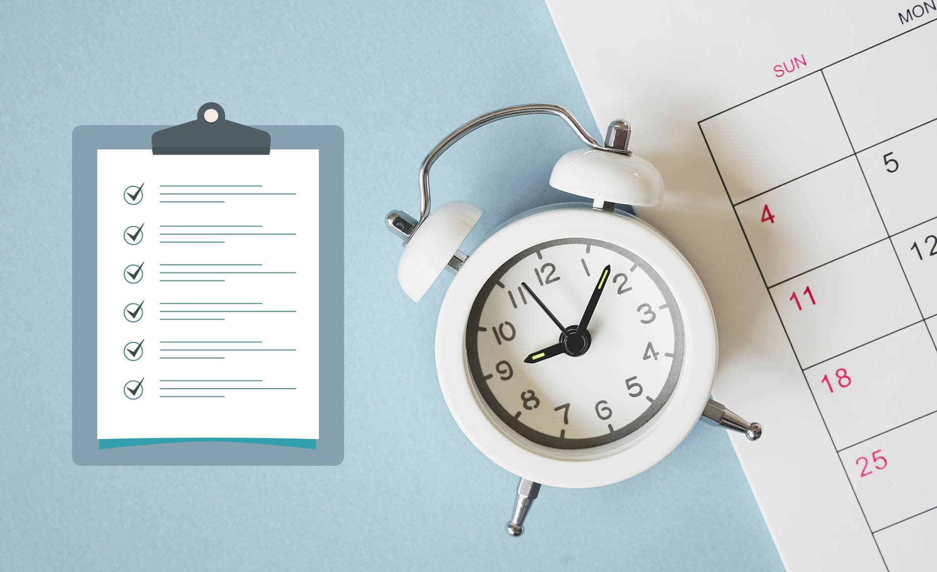 Illustration of a clock with “milestones,” i.e. icons symbolizing important deadlines or goals spread out over time