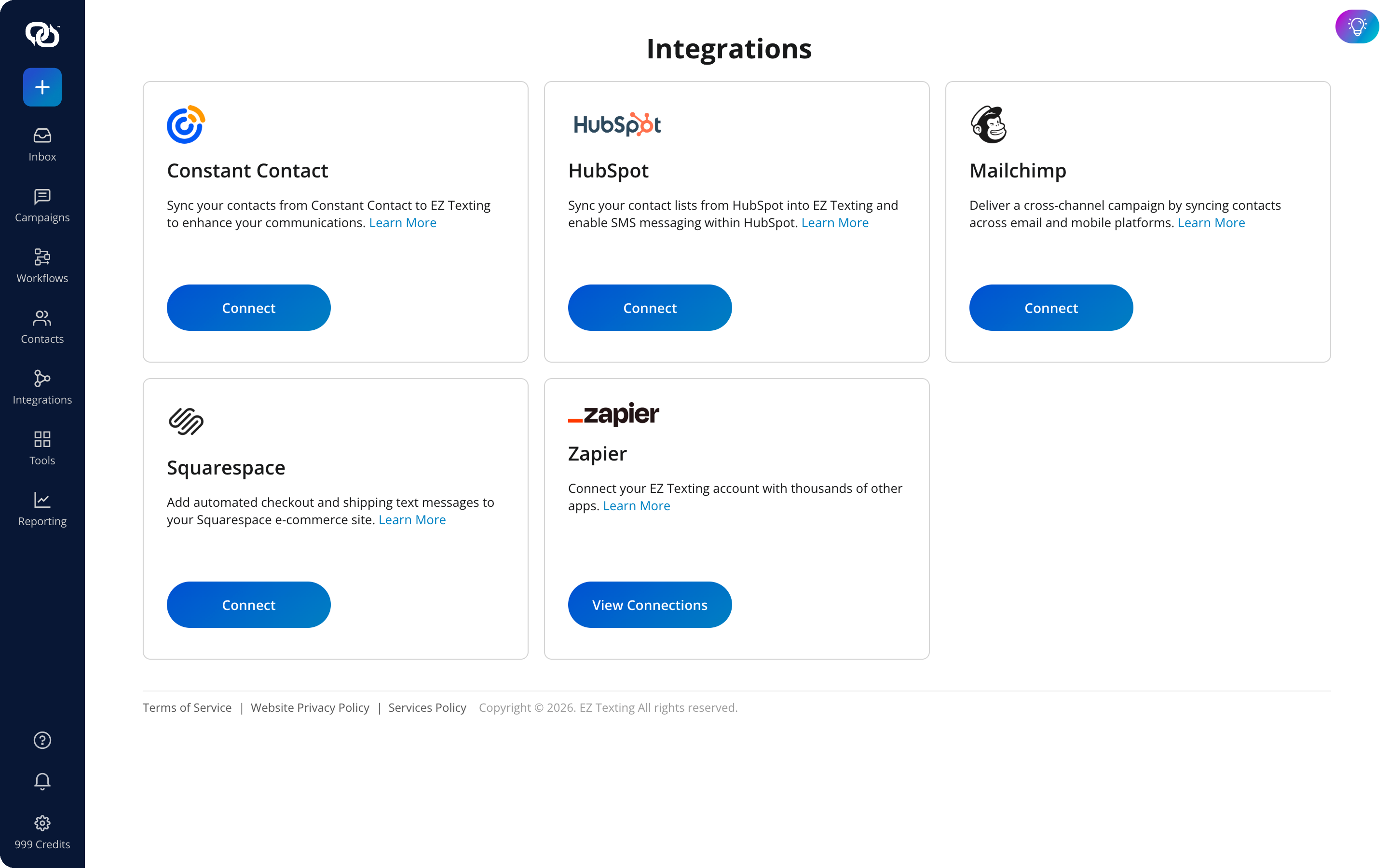 EZ Texting Integrations dashboard showing Constant Contact, HubSpot, Mailchimp, Squarespace, and Zapier connectors, each with a Connect button