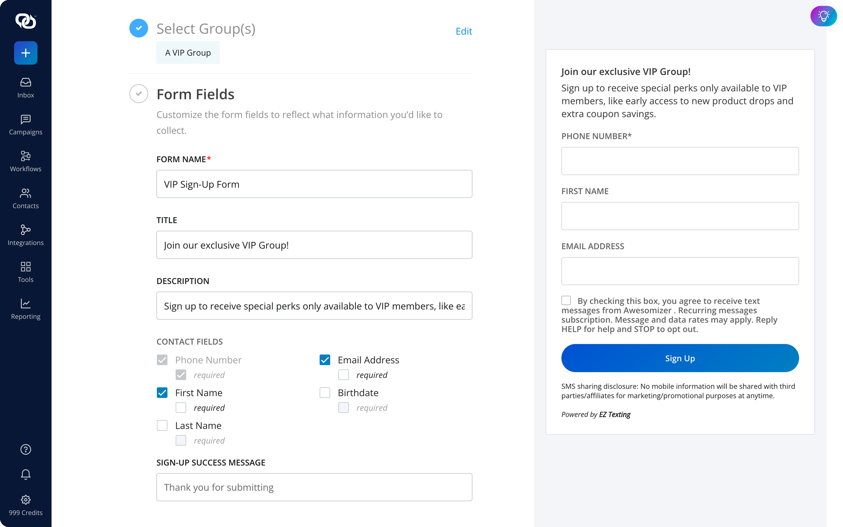 EZ Texting sign-up form builder for growing an SMS subscriber list