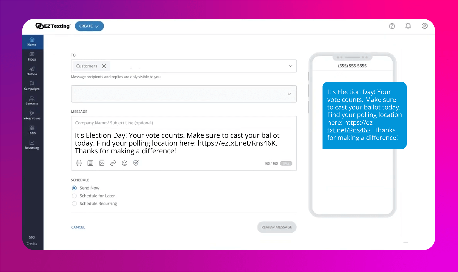 Image of a GOTV message being written in the EZ platform to be sent to a mass audience: