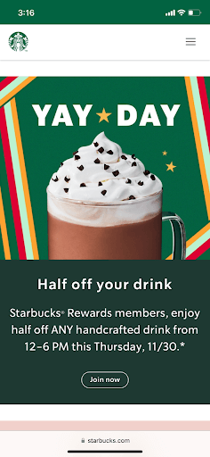 Starbucks mobile landing page