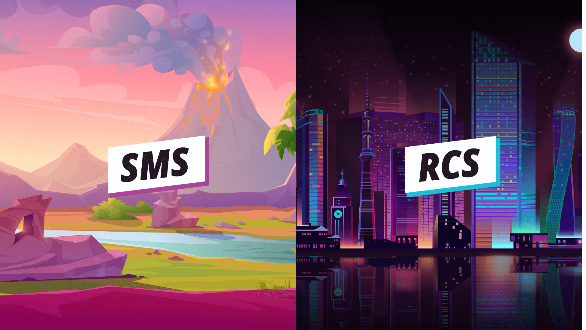 illustrate a split screen with SMS icon on the left in what looks like a caveman setting and RCS icon on the right in a futuristic setting