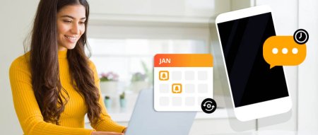 Girl on laptop with calendar and mobile icons