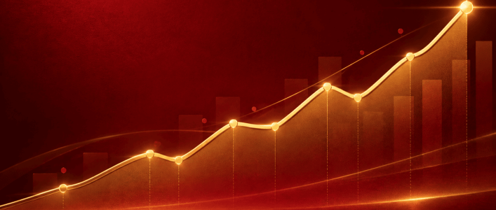 Glowing gold line chart rising across a deep red background, representing SMS marketing performance metrics trending upward