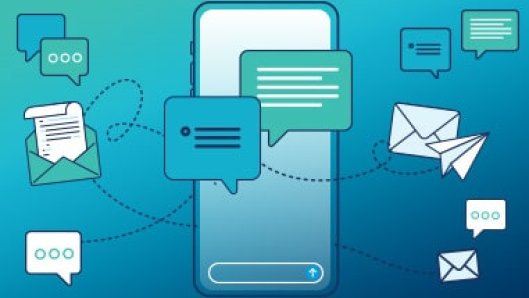 Smartphone surrounded by app icons and chat bubbles
