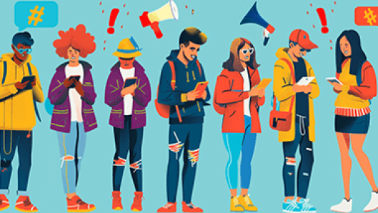 Illustration of several people reading a text on their phones, with political icons and/or icons of megaphones, exclamation points, etc. in the background