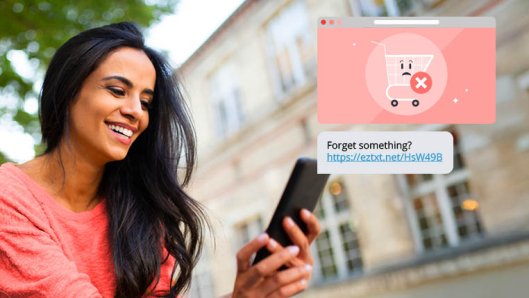 Person looking at their phone, with shopping cart icons overlaid on the image