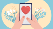 Large ? hands with big ❤️ heart coming out of smartphone