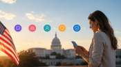 An elected official reads constituent text messages on her phone with the U.S. Capitol at sunset, beside a row of icons for messaging, community, personalization, care, and trust