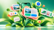 A green smartphone blooming with RCS rich-message cards shown as flowers: an image card, reply buttons, a product carousel, and a verified badge